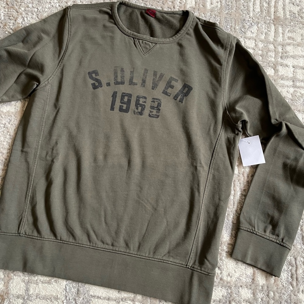 S.Oliver Crewneck Print Sweater Sweatshirt LARGE Mens Green French Terry NEW